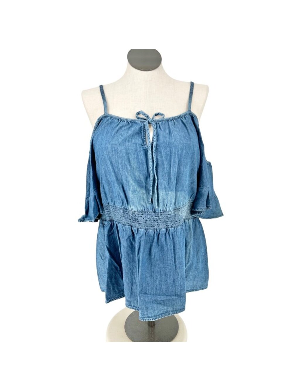 Lane Bryant Tunic Top Womens 22 Blue Cambray Off Shoulder Sleeves Smocked Waist
